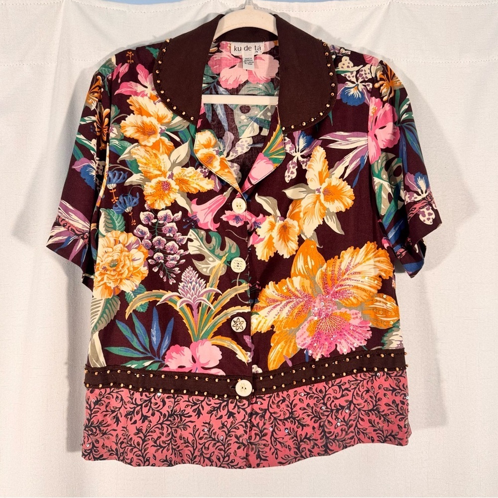 Ku De Ta Vintage Beaded Floral Button Up Blouse